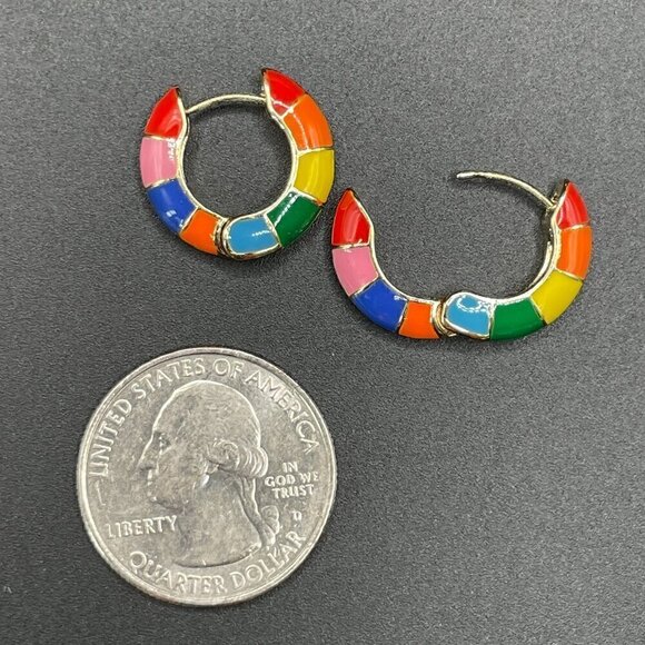 Rainbow Multi-color Enamel Huggie Earrings Medium Hoop #1343 - Picture 4 of 7